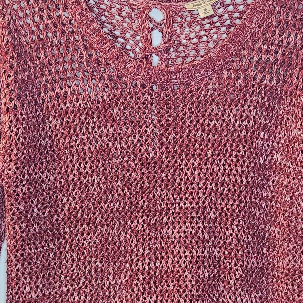 Lucky Brand Open Crochet Knit Maroon Sweater Women's Size Medium Tunic Split Bac - Picture 8 of 9